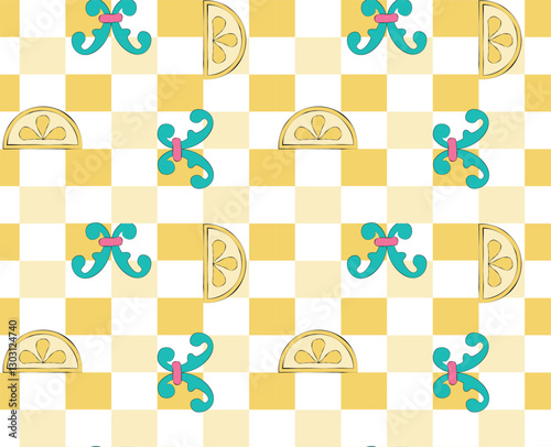 Citrus & Chic: Playful lemon pattern with decorative flourishes on a sunny checkered backdrop. Fresh, vibrant, and stylishly sweet