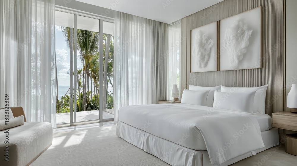 Serene Bedroom with a View: An inviting bedroom features a comfortable king-size bed and modern design, with a scenic outdoor view, inviting relaxation. Serene Bedroom with a View: An inviting bedroom features a comfortable king-size bed and modern design, with a scenic outdoor view, inviting relaxation.
