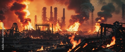 Fiery landscape of a devastated industrial site engulfed in flames with machinery silhouetted