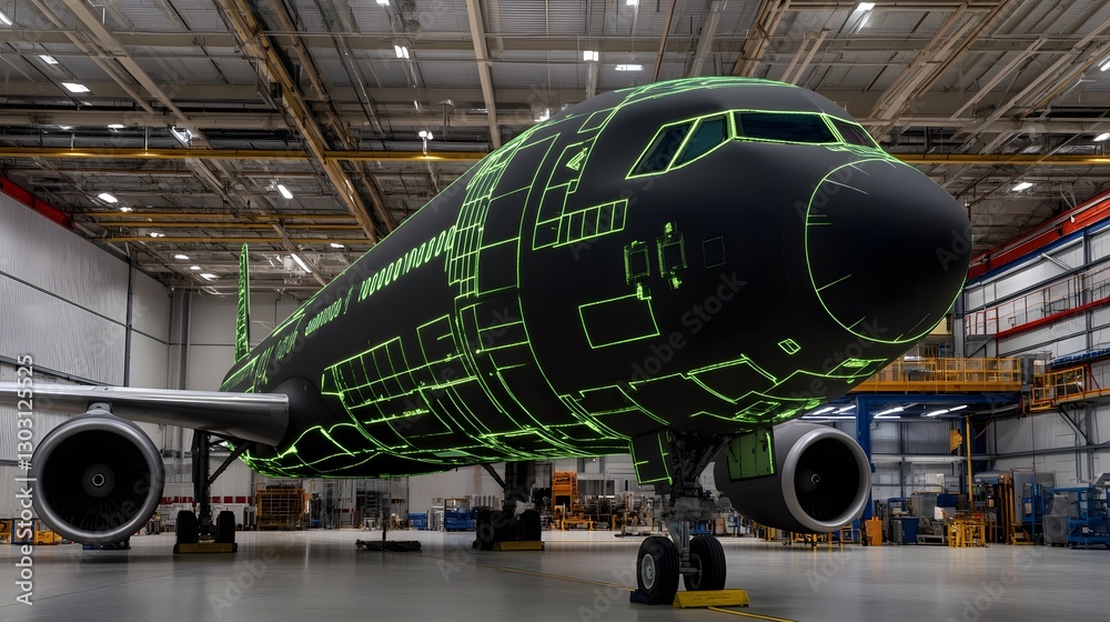 Obraz premium High-tech Jetliner in Maintenance Facility with Projections