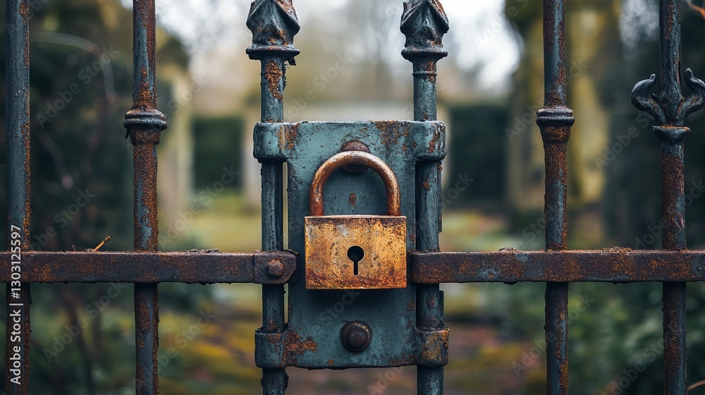 A large iron gate secured firmly with a padlock. A large iron gate secured firmly with a padlock.