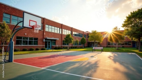 A schoolyard featuring a basketball court and the exterior of a school building, captured in the warm light of a sunny evening. The school yard also includes a playground area