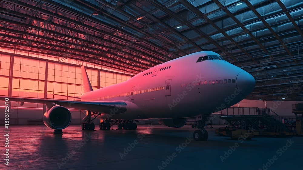 Futuristic Aircraft in High-Tech Maintenance Hangar with Projections