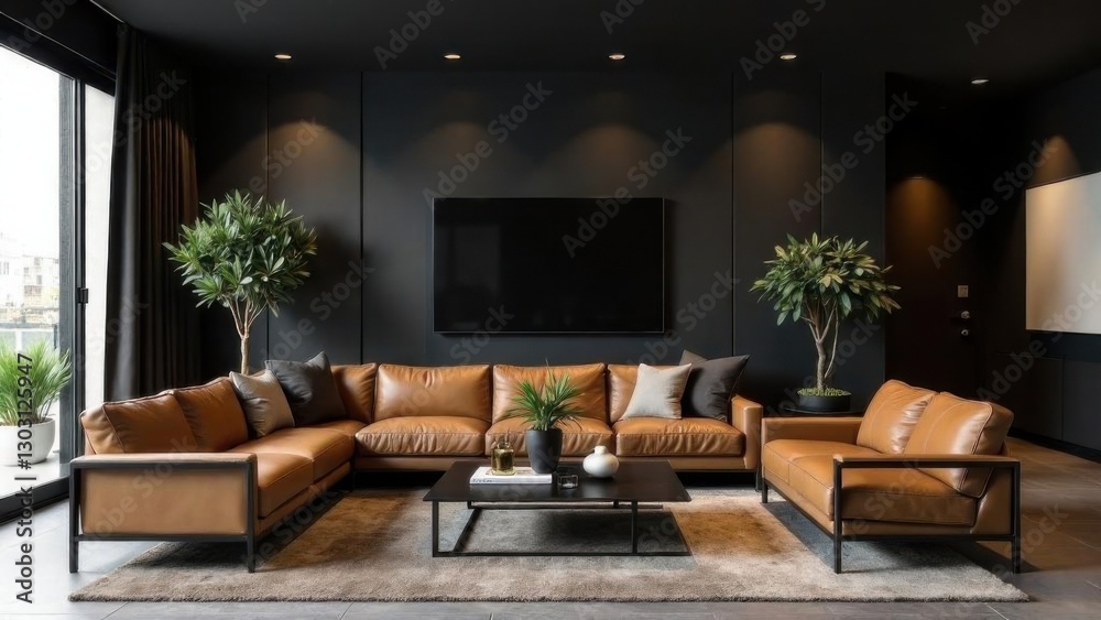Fototapeta premium A sleek luxury living room with a matte black textured wall, ornamental olive trees in metal planters, a glass coffee table, leather seats, and recessed lighting creating a warm, modern ambiance