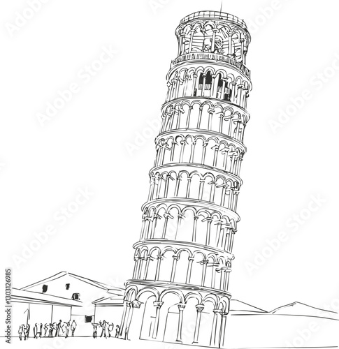 Sketch of the Leaning Tower of Pisa, a famous architectural landmark in Italy.