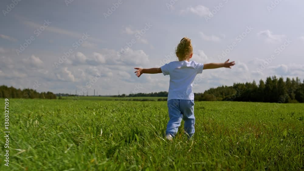 A little girl runs through a green field of grass happily spreading her arms to the side in summer in sunny weather. Happy childhood A little girl runs through a green field of grass happily spreading her arms to the side in summer in sunny weather. Happy childhood