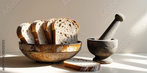 Artisan Bread Slices in Rustic Bowl with Mortar and Pestle photo