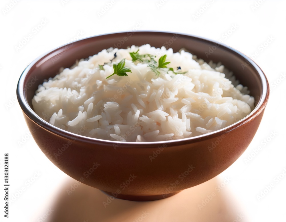Steaming rice bowl presenting fluffy grains topped with vibrant parsley sprigs Steaming rice bowl presenting fluffy grains topped with vibrant parsley sprigs
