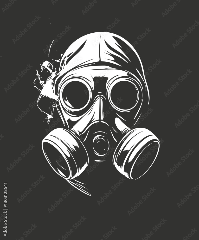 Monochrome illustration of a gas mask with smoke on dark background. Monochrome illustration of a gas mask with smoke on dark background.