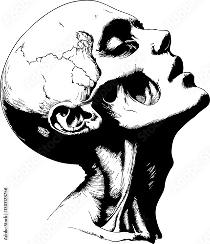 Surreal black and white illustration of a cracked skull blending with a human face in profile, emphasizing mortality and decay. Intricate line art with a dark, philosophical, and haunting aesthetic