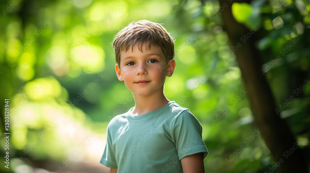 Adorable Child in Enchanted Forest: Serene Head and Shoulders Portrait with Gentle Sunlight Through Trees