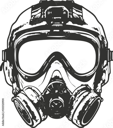 Black and white illustration of a gas mask with helmet design.