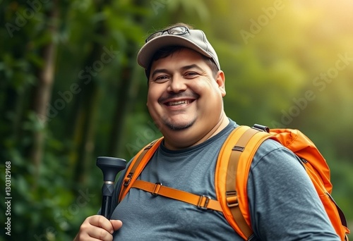 Photorealistic portrait of a joyful overweight explorer