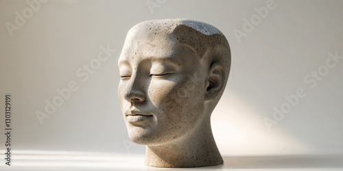 Stone head sculpture with closed eyes on a neutral background