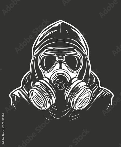 Illustration of person in hood wearing gas mask and goggles.