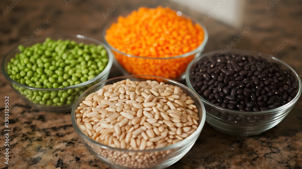 A vibrant array of foods rich in thiamin is beautifully arranged in various bowls, creating an eye-catching display on a kitchen counter A vibrant array of foods rich in thiamin is beautifully arranged in various bowls, creating an eye-catching display on a kitchen counter