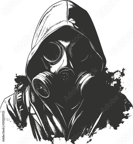 Illustration of a hooded figure wearing a gas mask in a grunge style.