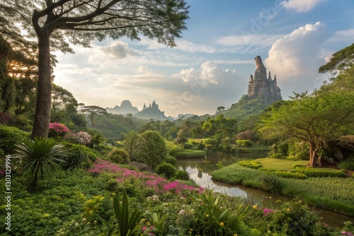 Behold, a magnificent tableau unfolds before our eyes, as we witness a resplendent vista of a future realm, where once barren landscape has been metamorphosed into a verdant paradise, adorned with maj