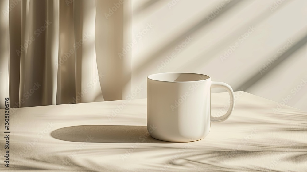A simple white ceramic mug rests on a bright table A simple white ceramic mug rests on a bright table