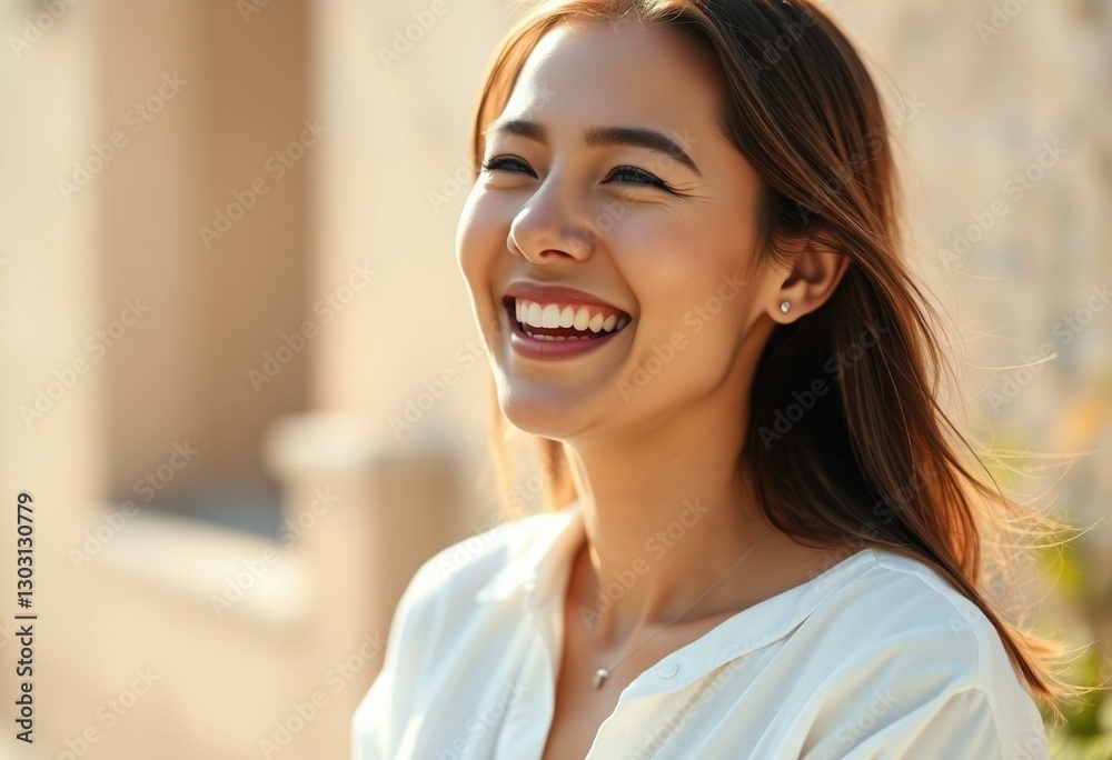 Photorealistic portrait of a laughing young woman in sunlight Photorealistic portrait of a laughing young woman in sunlight