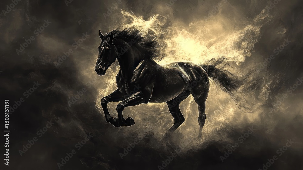 A majestic black horse appears amidst swirling, ethereal clouds, evoking a sense of power. A majestic black horse appears amidst swirling, ethereal clouds, evoking a sense of power.