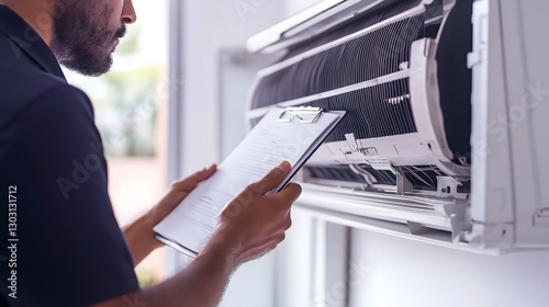Professional technician conducts coil cleaning on an air conditioning unit in a residential setting during daylight hours