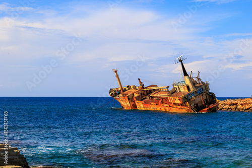Rusted Shipwreck Edro III Stranded on the Rocky Coast of Paphos, Cyprus photo