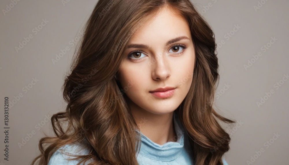 Portrait of a serene brunette with flowing hairstyle and a gentle gaze Portrait of a serene brunette with flowing hairstyle and a gentle gaze