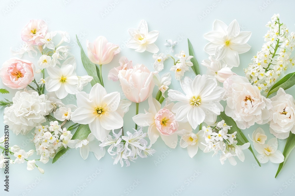 Obraz premium Stunning arrangement of white and pastel pink blossoms forming a horizontal border on a light blue backdrop, perfect for spring themes