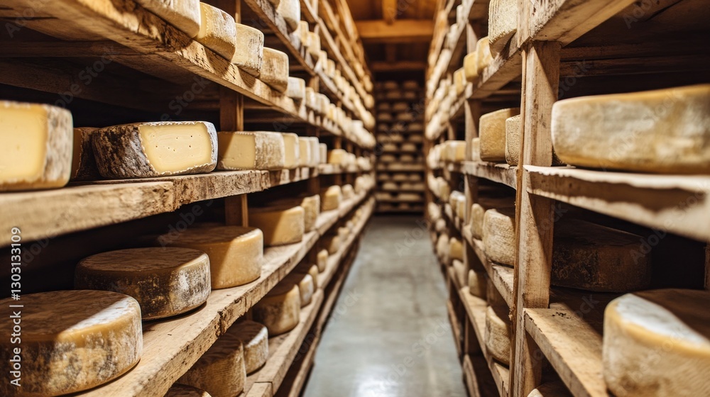 Inside a rustic aging cellar, beautifully crafted wheels of cheese line wooden shelves, their distinct textures and colors showcasing the artistry of traditional cheese-making Inside a rustic aging cellar, beautifully crafted wheels of cheese line wooden shelves, their distinct textures and colors showcasing the artistry of traditional cheese-making