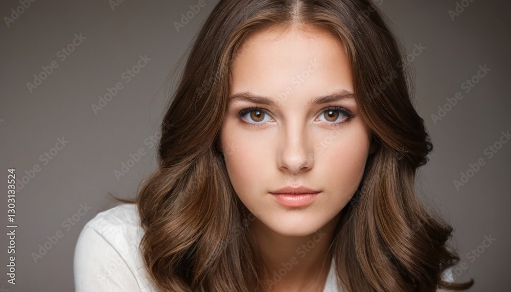Portrait of serene young woman with flowing auburn waves hairstyle Portrait of serene young woman with flowing auburn waves hairstyle