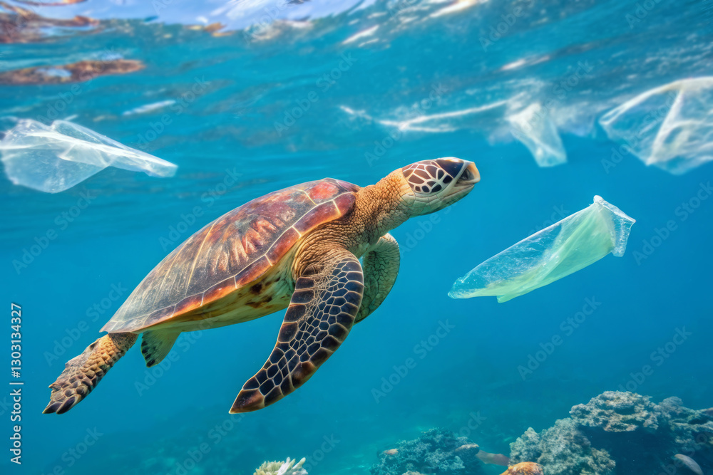 Fototapeta premium Sea Turtle Swimming Underwater Encountering Plastic Waste in Ocean Environment