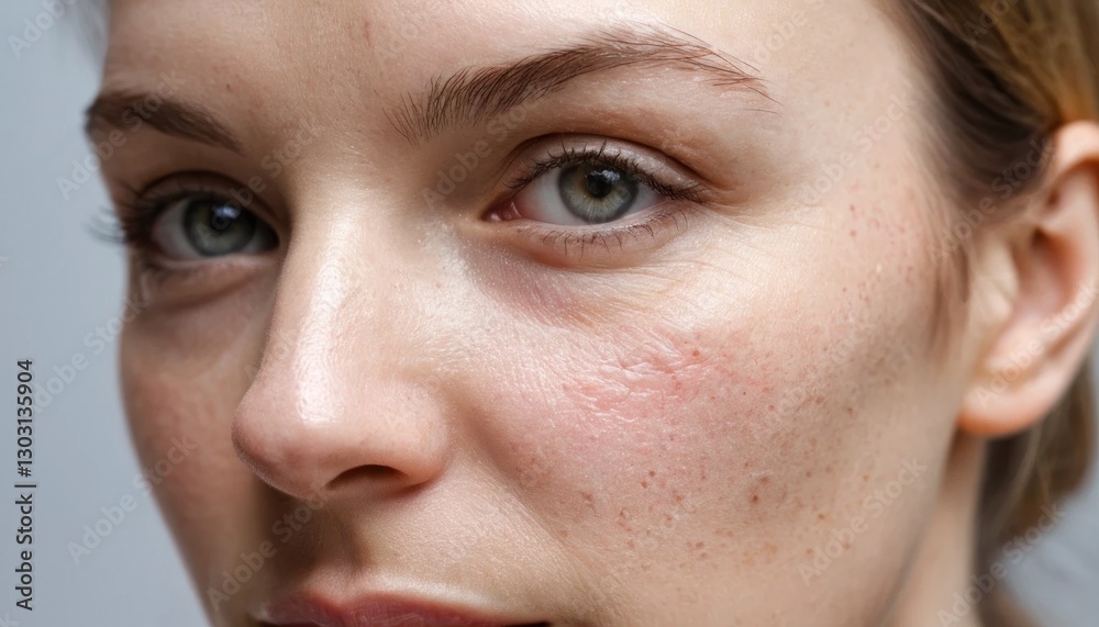 Close-up View of Woman's Face with Light Eyes and Visible Skin Texture