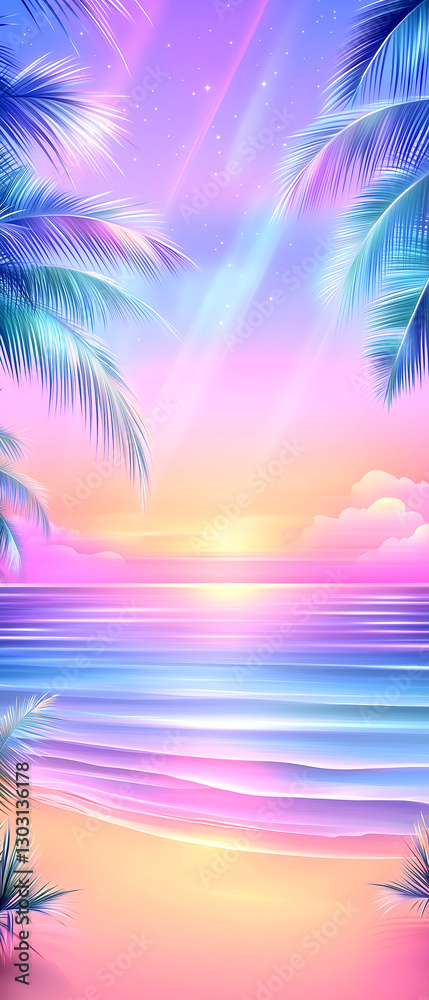 Naklejka premium Beautiful beach scene with a sunset in the background. The sky is filled with a variety of colors, including pink, purple, and blue. The ocean is calm and inviting, with palm trees lining the shore