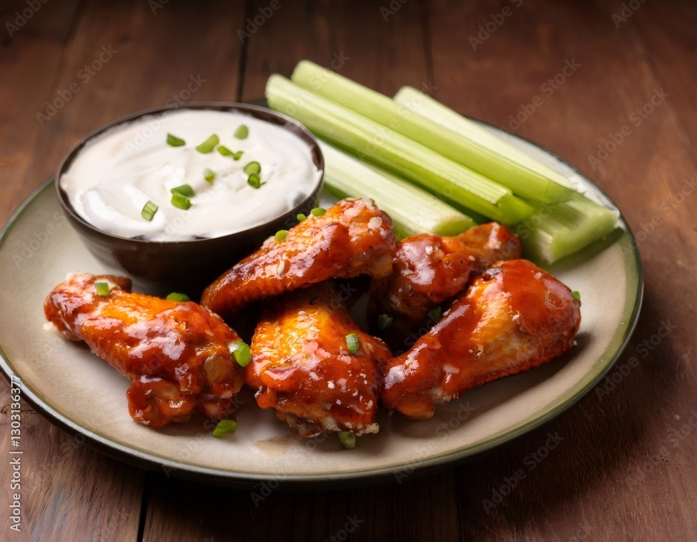 Crispy buffalo chicken wings garnished with fresh chives, accompanied by crunchy celery and tangy blue cheese dip Crispy buffalo chicken wings garnished with fresh chives, accompanied by crunchy celery and tangy blue cheese dip