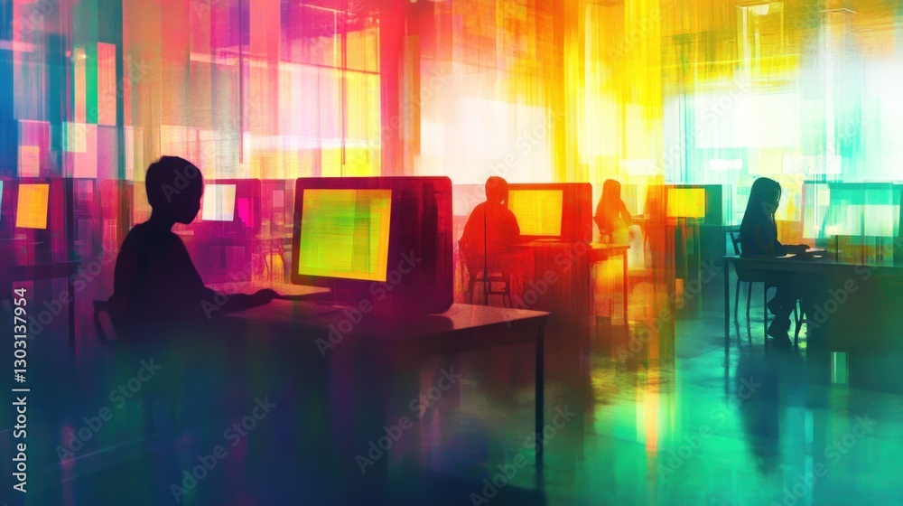 A vibrant digital workspace with silhouettes of individuals using computers. A vibrant digital workspace with silhouettes of individuals using computers.