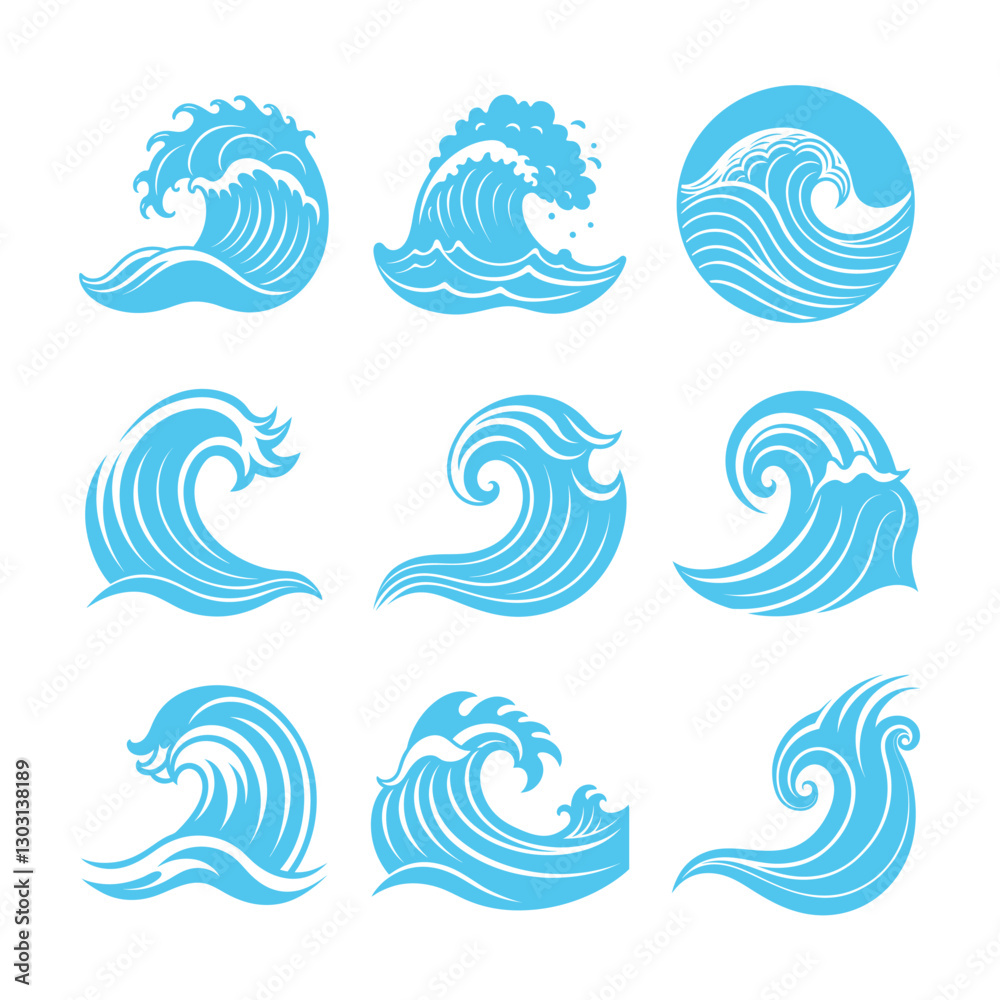 A collection of nine blue stylized wave vector illustrations, ideal for surf logos, beach designs, and nautical-themed artwork. A collection of nine blue stylized wave vector illustrations, ideal for surf logos, beach designs, and nautical-themed artwork.