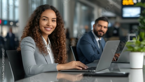 Wallpaper Mural Smiling latino black businesswoman working on a laptop at the airport Torontodigital.ca