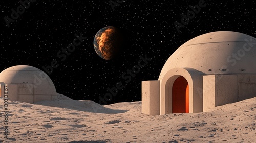 A futuristic lunar landscape features domed structures under a starry sky, with Mars visible in the background, suggesting human habitation beyond Earth.