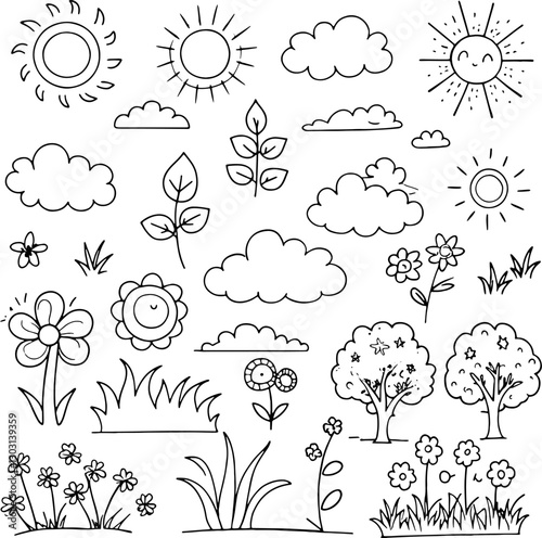 Hand drawn set with sun, clouds, flowers, trees, grass and bushes with mountains. Nature, park, landscape set. Elements for design, icons. Vector simple flat illustration.