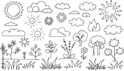 Hand drawn set with decorative landscape elements sun clouds flowers trees grass and bushes. editable vector stroke saddle icon on white background