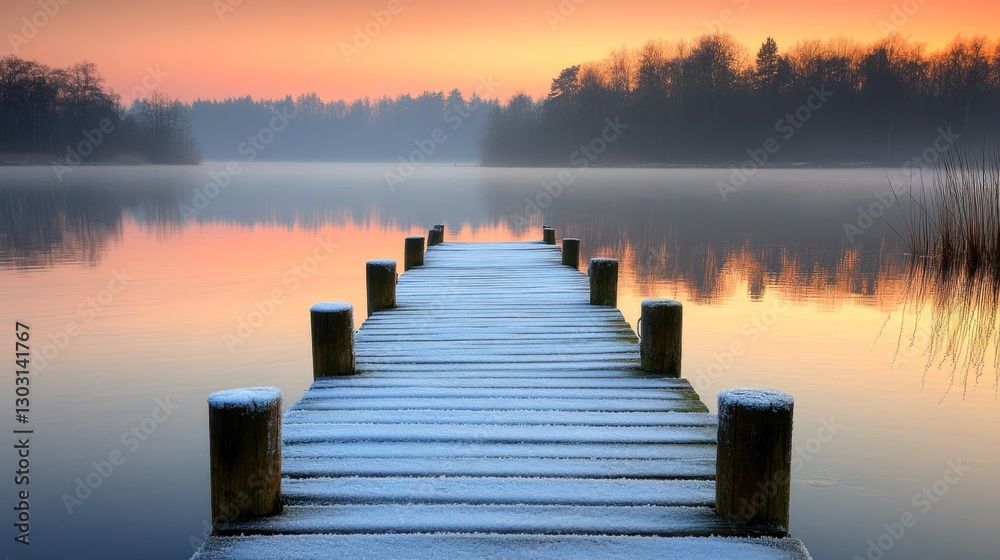 Fototapeta premium Frosty wooden pier extending into a calm, misty lake at sunrise.