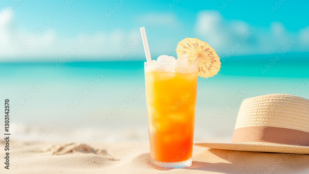 Obraz premium Refreshing Tropical Beverage on Sandy Beach with Straw and Paper Umbrella under Bright Blue Sky