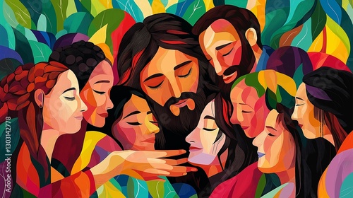 illustration of Jesus embracing a diverse group of people, with vibrant colors symbolizing unity and love across cultures and backgrounds, showing His compassion and inclusivity.
