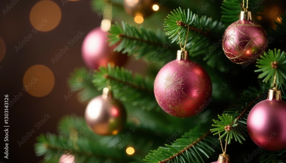 Pink and gold ornaments adorn a lush Christmas tree , winter, metallic Pink and gold ornaments adorn a lush Christmas tree , winter, metallic