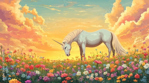 illustration of a unicorn grazing peacefully in a meadow full of colorful flowers.