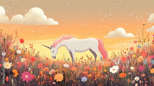 illustration of a unicorn grazing peacefully in a meadow full of colorful flowers.