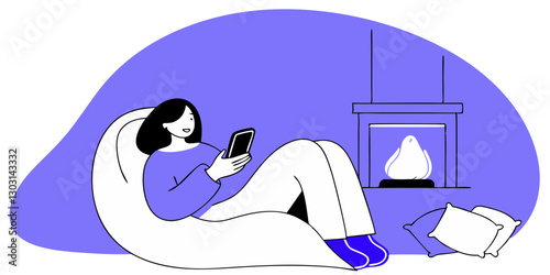 woman sitting comfortably in bean bag chair, using smartphone near cozy fireplace