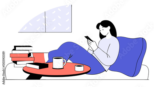 woman relaxing on sofa, reading on her phone, with books and coffee cup on table in cozy living room