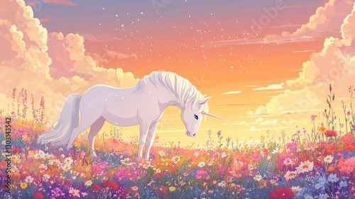 illustration of a unicorn grazing peacefully in a meadow full of colorful flowers.